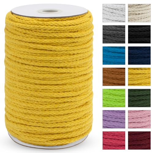JeogYong Braided Macrame Cord 5mm x 295ft, Natural 8-Strand Braided Cotton Rope, Colored Drawstring Cord Craft Rope for Plant Hangers, Wall Hanging, Dream Catcher, Garden, DIY Projects - color: Yellow