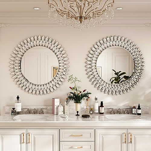 Kelly Miller 26" Jeweled Luxury Round Decorative Wall Mirror | Elegant diamond beveled vanity mirror. Perfect wall mirror for living room, bedroom, entryway. - size: 26"L x 26"W