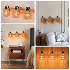 Boho Vanity Light Fixtures,Bathroom Lights Over Mirror,Rustic Rattan Wall Sconce with Woven Cage,3-Light Boho Wall Mounted Light Wooden Farmhouse Vanity Lighting for Bedroom Hallway Living Room Foyer - color: Cylinder shade