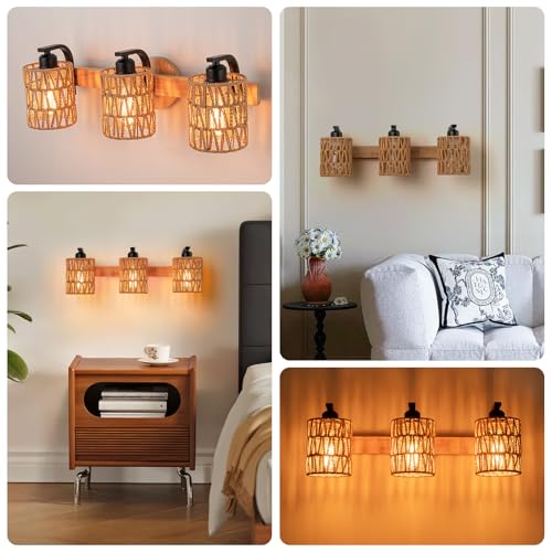 Boho Vanity Light Fixtures,Bathroom Lights Over Mirror,Rustic Rattan Wall Sconce with Woven Cage,3-Light Boho Wall Mounted Light Wooden Farmhouse Vanity Lighting for Bedroom Hallway Living Room Foyer - color: Cylinder shade
