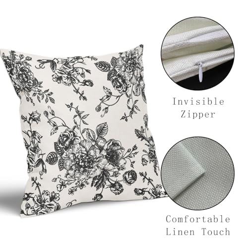 Black Floral Pillow Covers 18x18 Inch Vintage Flower Black White Decorative Throw Pillow Covers Set of 2 Farmhouse Pillowcases Cotton Linen Square Cushion Covers For Couch Bed Sofa Chair Car Decor - color: Black, size: 18" x 18" (Pack of 2)