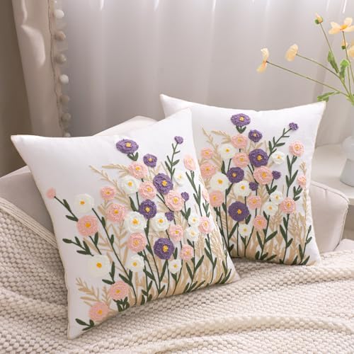 Embroidered Throw Pillow Covers 18x18 Pack of 2 Floral Pillow Covers Farmhouse Pillowcases Outdoor Garden Cushion Case Summer Decorations for Home (Purple and Pink Flower) - color: Purple-pink Flower