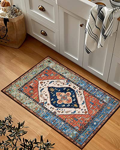 Lahome Boho 2x3 Washable Kitchen Rugs, Throw Non-Slip Backing Small Door Rug for Entryway Low-Profile Inside Door Mats, Oriental Indoor Doormat Carpet for Entrance Bathroom Laundry Living Room, Adelyn - color: Rust, size: 2' x 3' (Rectangular)