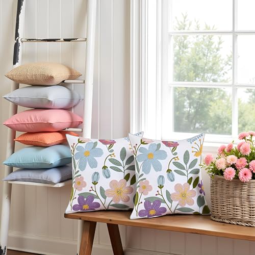 Embroidered Throw Pillow Covers 18x18 Pack of 2 Multicolored Flowers Pillow Covers Farmhouse Pillow Cushion Case Summer Decorative Farm Pillowcases Square Rustic Floral Pillow Case - color: Multicolored Flowers