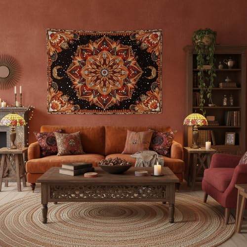 Accnicc Mandala Floral Tapestry Wall Hanging Boho Orange Red Tapestry Aesthetic Hippie Vintage Bohemian Flower Celestial Indian Cute Small Tapestries for Bedroom Living Room Dorm Decor 48 x 36 Inch - color: Burnt Orange, size: 48"L x 36"W