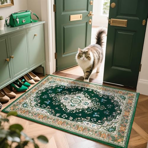 HOMORE 2x3 Area Rug Small Green Rugs for Bedroom, Washable Rug for Entryway, Faux Wool Non Slip Low Pile Indoor Door Mat for Entrance Small Kitchen Rugs Vintage Floral Rug for Living Room Dorm Decor - color: Deep Green, size: 2' x 3' (Rectangular)