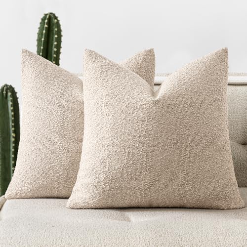 Pack of 2 18x18 Inch Decorative Boucle Throw Pillow Covers Textured Square Pillowcaes Accent Solid Cozy Soft Cushion Covers Home Decor for Sofa Couch Living Room Home Decor,Neutral - color: Neutral, size: 18" x 18" (Pack of 2)
