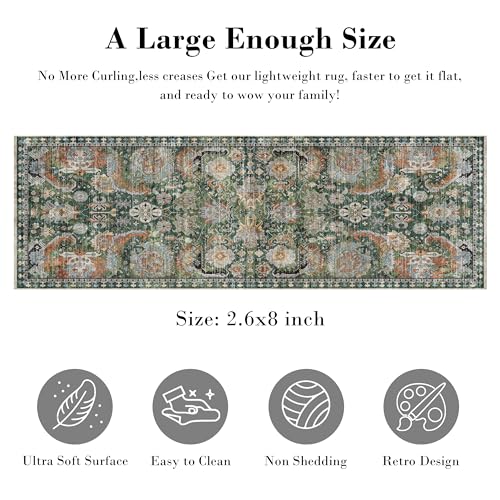 RUGSURE Washable Area Rugs - Perfect for Living Room, Bedroom, Kids Room, Nursery - Stain & Water Resistant Non-Slip, Pet & Child Friendly, Vintage Tribal Area Rugs (Green, 2'6'' x 8') - color: Green, size: 2'6" x 8' (Rectangular)