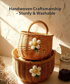 2 Pack Wall Hanging Rattan Baskets, Hand-Woven Storage Basket, Small Wall Hanging Baskets for Kitchen, Washable Decorative Basket, Potato Garlic Onion Storage Baskets, with Daisy Decor - style: With Daisy Décor