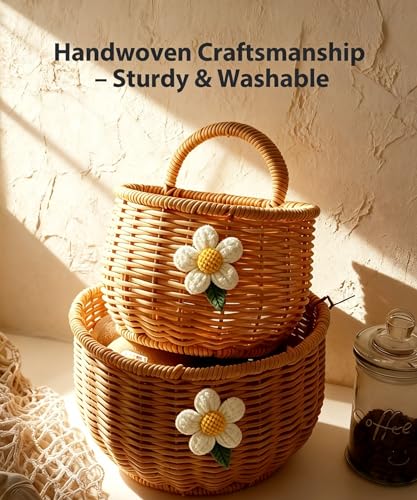 2 Pack Wall Hanging Rattan Baskets, Hand-Woven Storage Basket, Small Wall Hanging Baskets for Kitchen, Washable Decorative Basket, Potato Garlic Onion Storage Baskets, with Daisy Decor - style: With Daisy Décor