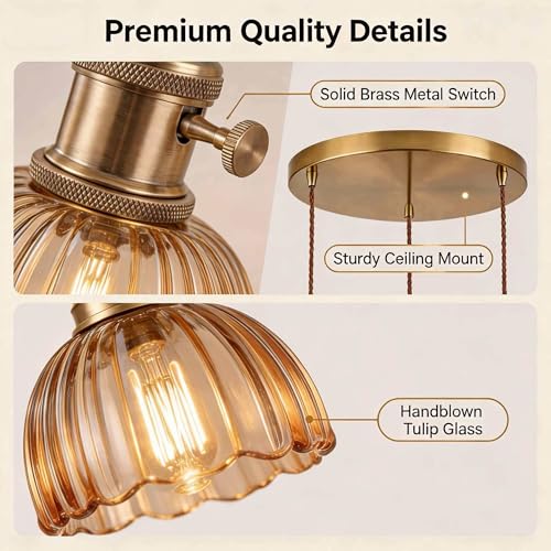 Amber Tulip Glass Pendant Light, 3 Natural Light Bulbs Included, Adjustable Cord with Switch, Suitable for Kitchen Island/Dining Room - color: Amber 3pcsTulip Pendant Light