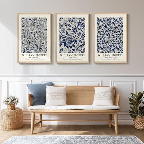 Framed Large William Morris Wall Art Set of 3, Vintage Blue Botanical Floral Canvas Wall Decor Painting, Farmhouse Aesthetic Artwork Prints for Living Room, Bedroom, Hallway, Office, Total Size 30x60 - color: Blue, size: 20"W x 30" H x 3Pcs