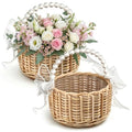 Small Flower Girl Basket Set of 2 - Lightweight Boho Small Wicker Basket with Handle, Pearl Detail, Bows & Waterproof Lining - Summer Wedding, Bridal Shower, Petal Toss, Bridesmaid Gifts & Home Decor - color: Brown Pearl Handle