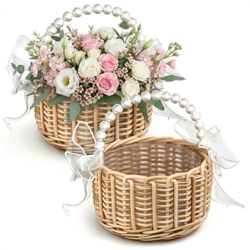 Small Flower Girl Basket Set of 2 - Lightweight Boho Small Wicker Basket with Handle, Pearl Detail, Bows & Waterproof Lining - Summer Wedding, Bridal Shower, Petal Toss, Bridesmaid Gifts & Home Decor - color: Brown Pearl Handle