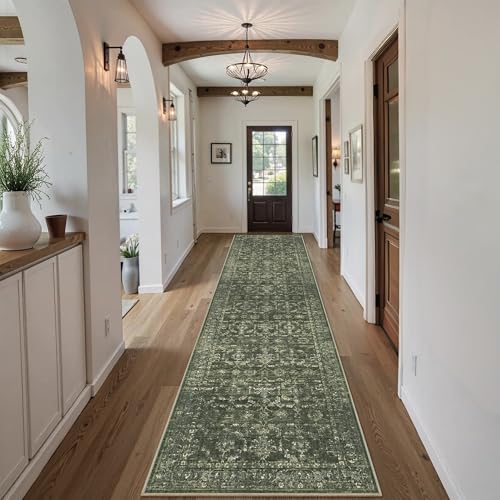 3x12 Green Runner Rug Hallway Washable Area Rugs Kitchen Vintage Boho Non Slip Long Rug Floral Carpet Indoor Retro Soft Low Pile Throw Rug for Bedroom Bathroom Laundry Dining Living Room Office - color: Dark Green, size: 3' x 12' (Runner)
