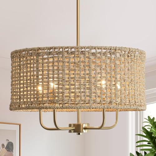 5-Light Rattan Chandelier Chandeliers for Dining Room, Boho Chandelier, Coastal Hand Woven Pendant Light Fixture for Kitchen Island Entryway Foyer Living Room Bedroom UL Listed Gold - color: Gold, size: 17.7"