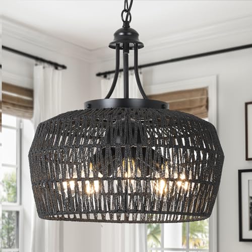 HMVPL Black Rattan Chandeliers for Dining Room, 5-Light Farmhouse Chandelier Light Fixture with Wicker Lampshade, Large Boho Coastal Hanging Pendant Lightting for Kitchen Island Bedroom Living Room - color: Black, size: 5-Lights (D)18.1 in