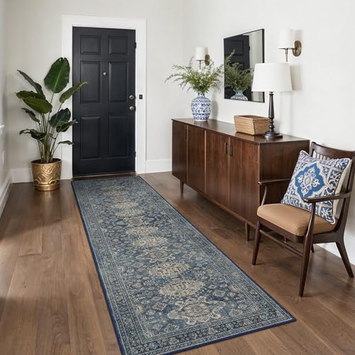 Bavni Washable Runner Rug 2’6”x8’, Non Slip Vintage Hallway Runner, Ultra Thin Low Pile Washable Carpet for Kitchen Entryway Bedroom, Blue - color: Blue, size: 2'6" x 8' (Rectangular)