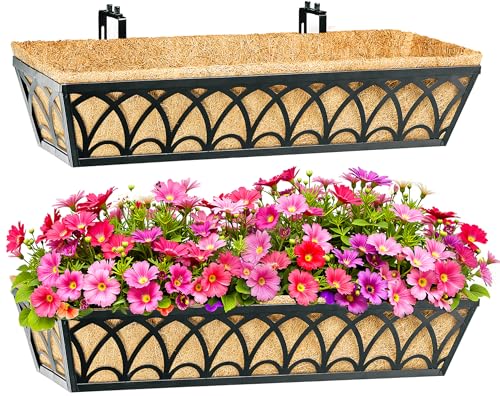 30 Inch Railing Planter Box Window Boxes Planters - 2 Pack Deck Railing Planter Boxes with Adjustable Brackets Coco Liners Balcony Planters Railing Hanging for Window Flower Boxes Outdoor Garden Decor - size: 30 Inch