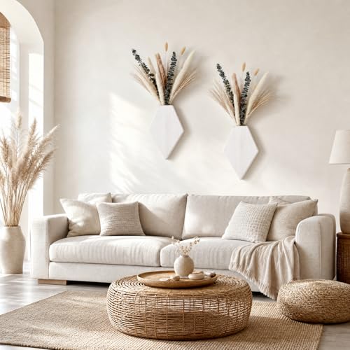 2 Pcs Bohemian Wooden Wall Planter Set with Pampas Grass Modern Farmhouse Wall Decor for Living Room, Bathroom, Bedroom, Office (White Distressed,Natural Style) - color: White Distressed, style: Natural Style