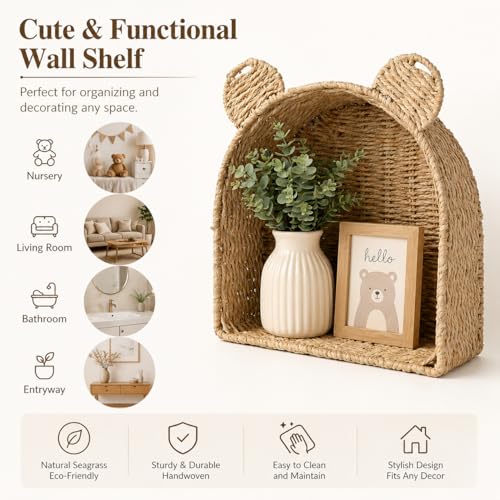 Arched Bear Nursery Wall Shelf, Handwoven Wicker Nursery Shelf for Wall, Wall Mounted Nursery Bookshelf for Small Books, Toys & Décor - color: Beige