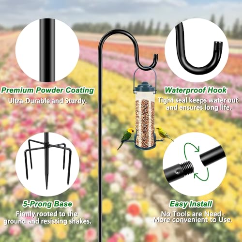 48 Inch Shepherds Hooks for Outdoor, Heavy Duty Bird Feeder Pole with 5 Prong Bases, Garden Hanging Stake for Bird Feeder, Solar Light, Plant Hanger, Wedding Decor, Metal Hanger Hooks, Black, 2 Packs - size: 48 Inch, style: 2 Pack