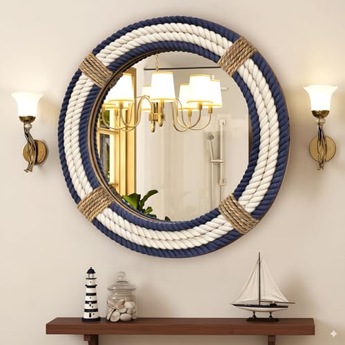 Vercraft Nautical Coastal Mirror 24 Wall Decor with Rope Wrapped Trim and Hanging Loop Round Circle Nursery Mirror Nautical Boho Rustic Decorative for Living Room, Bedroom Blue and White - size: 24"L x 24"W