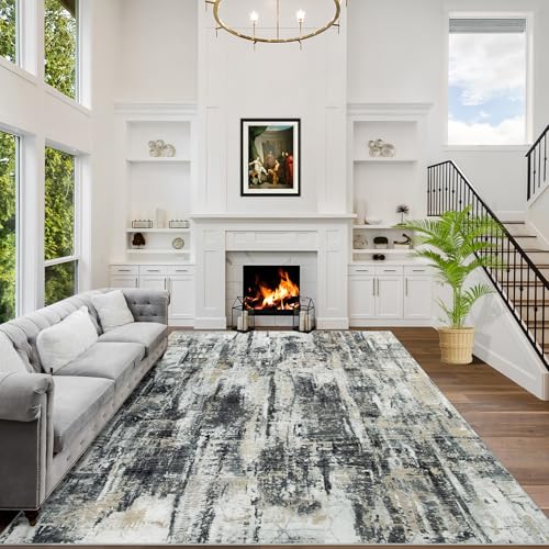 8x10 Area Rugs Washable Rug: Large Modern Abstract Living Room Rug Soft Anti-Skid Thin Carpet Indoor Floor Non-Shedding Carpets for Bedroom Dining Farmhouse Nursery Home Office Black Grey Gold - color: Black Grey/Gold, size: 8' x 10' (Rectangular)