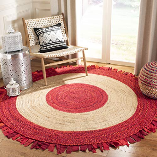 SAFAVIEH Cape Cod Collection 3' Round Red / Natural CAP701Q Handmade Boho Fringe Jute & Cotton Area Rug - color: Red/Natural, size: 3' (Round)