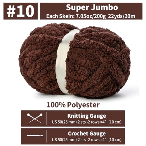 10 Pack Jumbo Chenille Yarn for Crocheting, #10 Super Bulky Baby Soft Yarn for Hand Knitting, 220 yds /70.5 oz Fluffy Chunky Knit Throw Blanket Yarn (Coffee) - color: Coffee