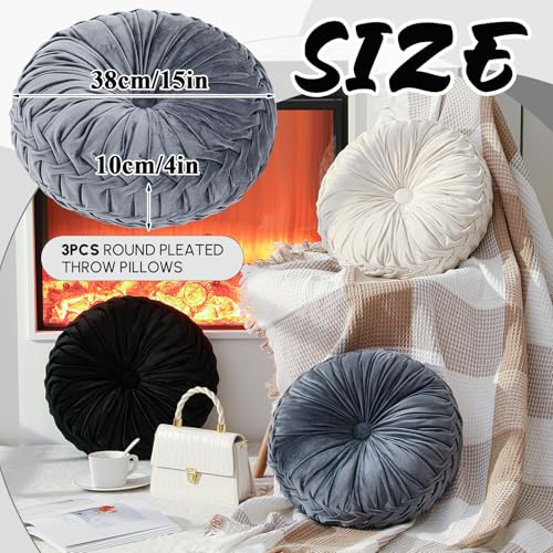 Drydiet 3 Pcs Round Throw Velvet Pillows Decorative Pleated Throw Pillows Diameter Accent Pumpkin Boho Chair Cushion for Couch Sofa Home Decoration (Black,White,Gray,15'') - color: Black, White, Gray, size: 15''
