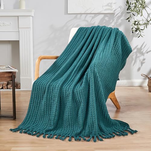 Striped Knit Throw Blanket with Braided Tassels 50" x 60", Hand Knitted Soft Chunky Chain Design Boho Farmhouse Blanket, Solid Color Tassel Decor Throw for Couch Bed Sofa Outdoor, Dark Teal - color: Dark Teal