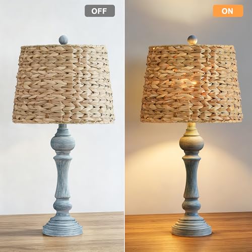 Maxax 26" Boho Rattan Table Lamps Set of 2 with USB A+C Ports, Coastal Bedside Lamps with Rattan Shade, Distressed Antique Blue Farmhouse Wicker Lamps, Rustic Resin Nightstand Lamps for Living Room - color: Antique Blue