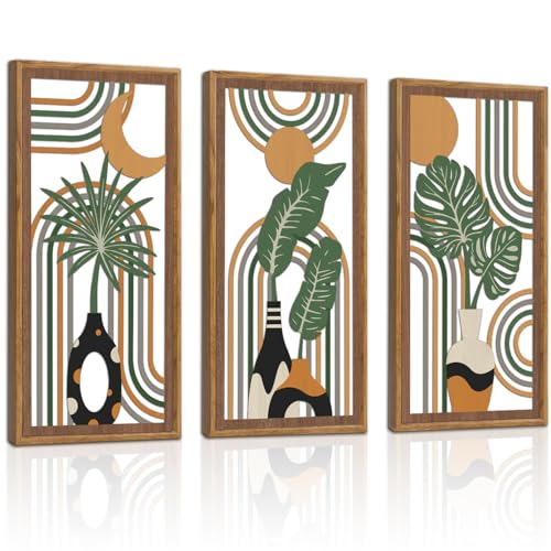 KAIRNE Boho Wooden Wall Art,Bohemian Wood Wall Decor Set of 3(16”X8”),Farmhouse Geometric Hanging Decor,Abstract Minimalist Sun Moon Artwork for Living Room Bedroom Nursery Office Decoration,Framed - color: Farmhouse Geometric, size: 8"L x 16"W