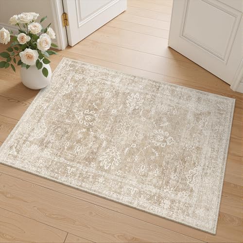 Madane 2x3 Washable Rugs for Entryway, Low Pile Non-Slip Small Area Rug Kitchen Door Mat, Vintage Soft Throw Neutral Rug Floor Mat for Indoor Front Entrance Bathroom Hallway (2 x 3, Beige/Brown) - color: Beige/Brown, size: 2' x 3' (Rectangular)