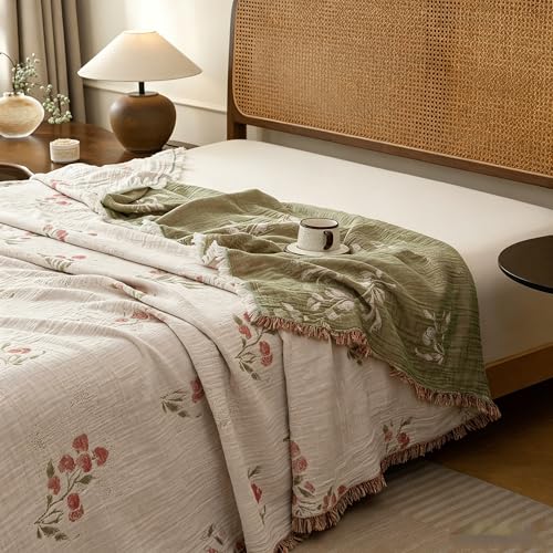 Lemfux 4-Layer 100% Cotton Muslin Cooling Blanket, Boho Floral Gauze Throw with Fringe, Ultra Soft Breathable Lightweight Bedspread Coverlet for Bed Sofa Couch (White-Green Floral, 60"x80") - color: White-green Floral, size: 60"x80"