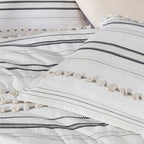 Chezmoi Collection 4-Piece Clip Jacquard Cotton Comforter Set King, Boho Chic Tufted Pompom Striped Bedding with Linen Blended Textured Pillow Cushion, Gray/White - color: Maru Gray White, size: King
