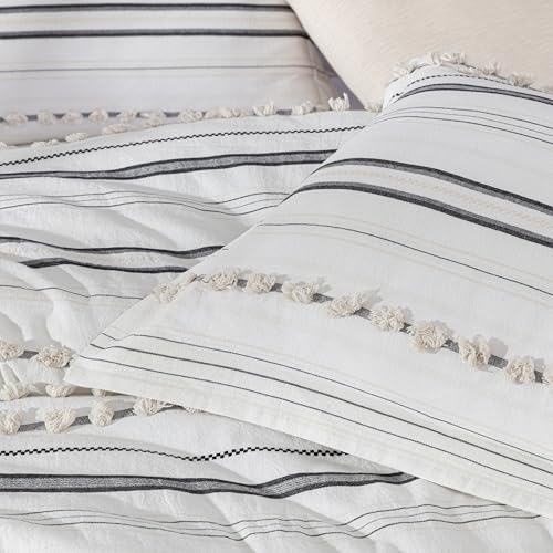 Chezmoi Collection 4-Piece Clip Jacquard Cotton Comforter Set Queen, Boho Chic Tufted Pompom Striped Bedding with Linen Blended Textured Pillow Cushion, Gray/White - color: Maru Gray White, size: Queen