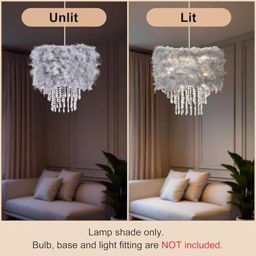 Feather Lamp Shade with Acrylic Beads Droplets, Fluffy Light Shade for Pendant, Table, Floor & Wall Lighting, Girl Bedroom Decor, ID 15.7inch, OD 19.7inch, Grey - color: Grey, size: 19.7 inches