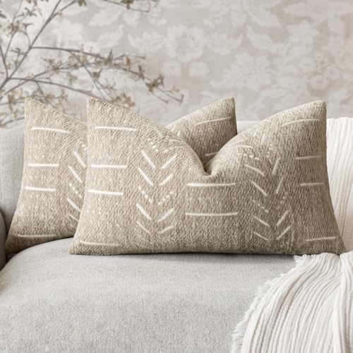 Home Décor Decorative Boho Chenille Throw Pillow Covers, Neutral Lumbar Cushion Covers, Textured Soft Farmhouse Pillowcase for Couch Sofa Chair Bed Living Room, 12×20 Inch, Set of 2, Beige - color: Beige, size: 20" x 12" (Pack of 2)