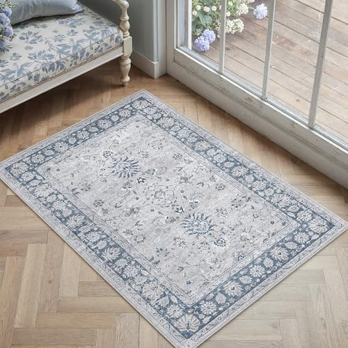 PureCozy 2x3 Area Rug Blue Washable Entryway Vintage Carpet Door Mat Small Non Slip Stain Soft Resistant Low Pile Thin Boho Accent Indoor Throw Rug for Kitchen Bathroom Entrance Bedroom - color: Oriental Blue, size: 2' x 3' (Rectangular)