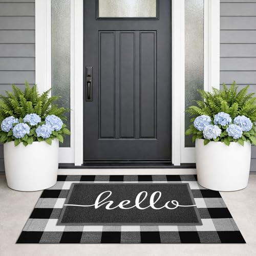 KILOCOCO Buffalo Plaid Checkered Rug - Black and White Cotton Washable Front Door Rugs Door Mat Outdoor Layered Doormats for Front Porch/Farmhouse/Entryway, 27.5x43 Inches - color: Black and White, size: 2'4" x 3'7" (Rectangular)