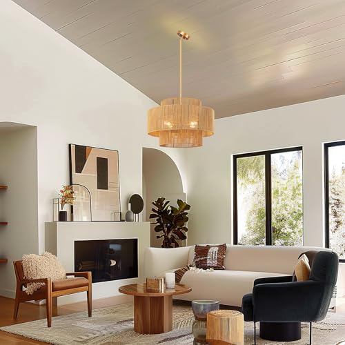 24'' Boho Rattan Chandelier, 4-Light Hand-Woven Wicker Pendant Lamp, Rustic Modern Ceiling Light Fixture for Dining Room, Kitchen Island, Living Room, Bedroom, Foyer, Entryway, Over Table - color: Brown A