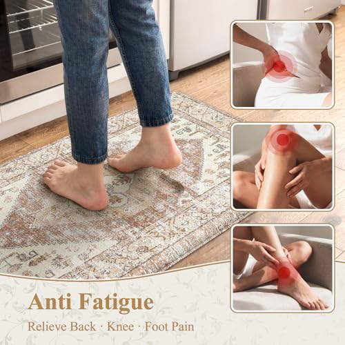 KIMODE Farmhouse Kitchen Mats Cushioned Anti Fatigue Khaki Kitchen Rugs Sets of 2, Non Slip Waterproof Kitchen Floor Mats, Ergonomic MemoryFoam Standing Mat for Laundry Room Decor, Office, Sink, Desk - color: Light Khaki, size: 17.3" x 47 "+ 17.3" x 29 "-