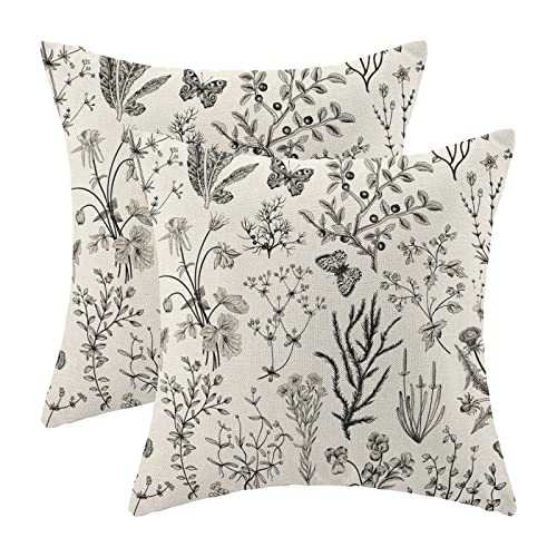 AEIOAE Spring Pillow Covers 16x16 Inch Set of 2,Black Gray Wild Flower Plant Throw Pillows Case,Seasonal Floral Outdoor Decorative Square Linen Farmhouse Decor Cushion Covers for Home Sofa Bed Couch - color: Wild Floral 02, size: 16" x 16" (Pack of 2)