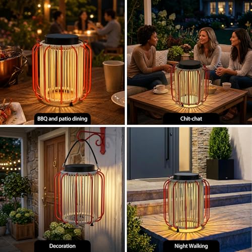 Solar Lanterns Outdoor Waterproof, Wicker Rattan Table Lamp with Iron Protective Frame, Rechargeable Hanging Lantern 30H+ Runtime, Dual USB-C/Solar, 3 Modes, IP54 – Patio Boho Decor Light