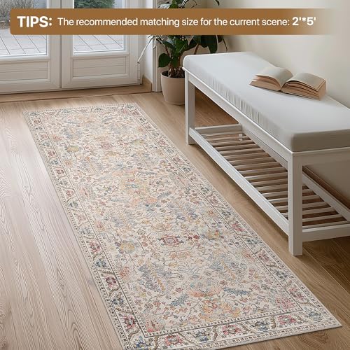 Bavni Area Rug 3x5, Non-Slip Washable Rugs for Living Room Office, Boho Distressed Printed Rug, Low Pile Foldable Decorative Carpet for Bedroom Kitchen Office, Retro Multi - color: Retro Multi, size: 3' x 5' (Rectangular)