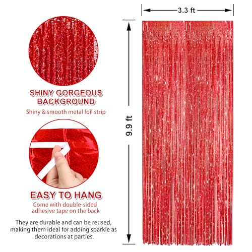 Crosize 2 Pack 3.3 x 9.9 ft Laser Red Foil Fringe Curtains Party Decorations,Tinsel Curtain Backdrop for Parties, Door Streamers, Glitter Streamer Backdrop for Birthday Decoration - color: Laser Red, size: 2 Pack