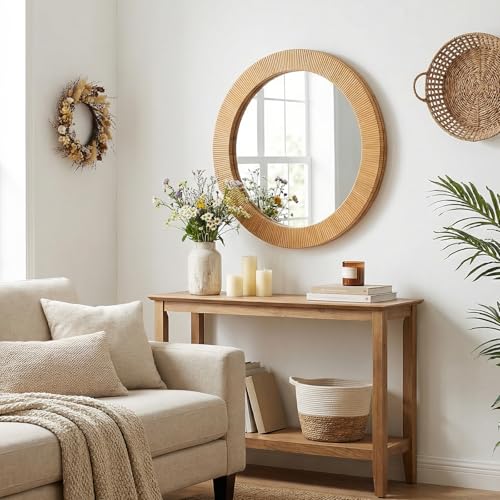 Round Rattan Wall Mirror for Bathroom 24 Inch Decorative Boho Circle Wicker Mirror Farmhouse Nature Wood Frame Woven Mirror for Bedroom Living Room Entryway - size: 24"L x 24"W