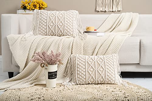 Macrame Lumbar Pillow Cover-Set of 2 with Tassels Rectangualr Cushion Covers Boho Throw Pillow Cover for Couch, Sofa, Bed, Farmhouse, Chair, Dining, Patio, Outdoor, car (B) - color: B